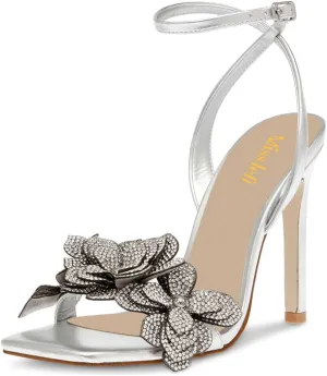 miss left Women Rhinestones Stiletto Heel Sandals with Strap Buckles Flower Embellished Open Square Toe High Heels Pumps Chic Wedding Event Dress Shoes Size 4-16 US