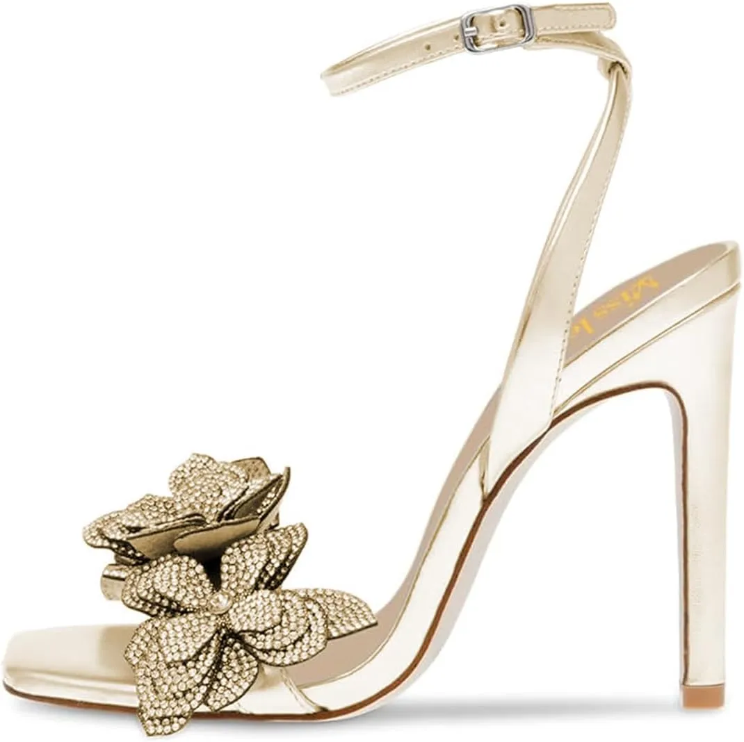 miss left Women Rhinestones Stiletto Heel Sandals with Strap Buckles Flower Embellished Open Square Toe High Heels Pumps Chic Wedding Event Dress Shoes Size 4-16 US