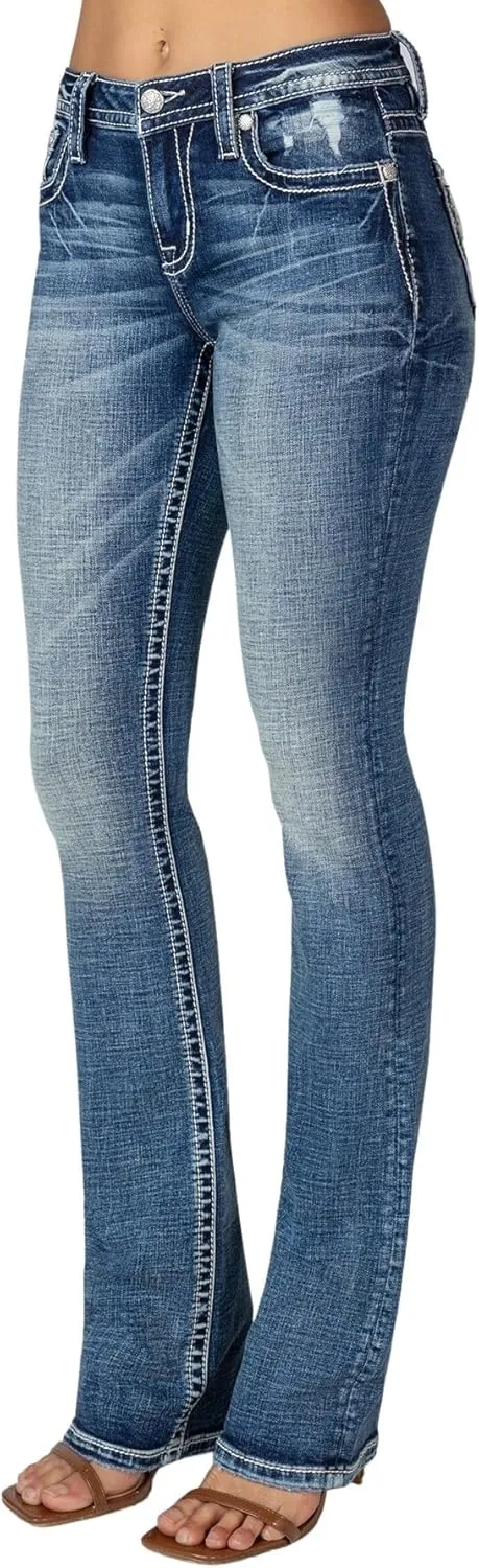 Miss Me Women's Mid-Rise Southwestern Feathers Embellished Pockets Slim Boot Jeans