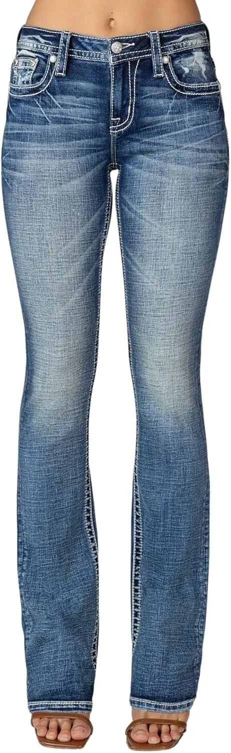Miss Me Women's Mid-Rise Southwestern Feathers Embellished Pockets Slim Boot Jeans