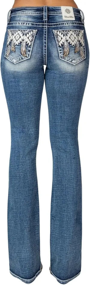 Miss Me Women's Mid-Rise Southwestern Feathers Embellished Pockets Slim Boot Jeans