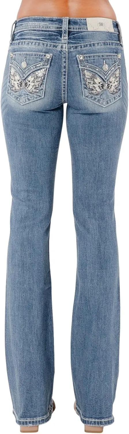 Miss Me Women's Silver Butterfly Embellished Faux Flap Pockets Mid-Rise Bootcut Jeans