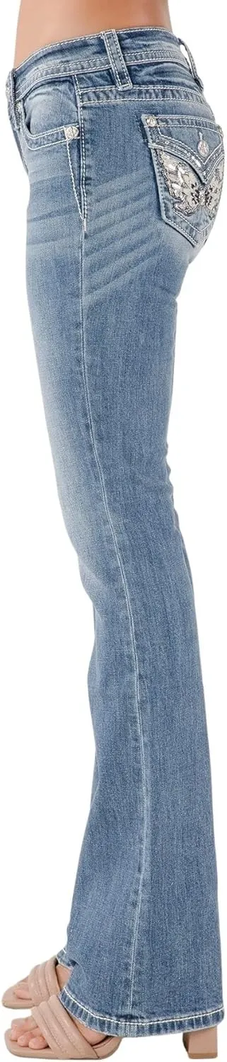 Miss Me Women's Silver Butterfly Embellished Faux Flap Pockets Mid-Rise Bootcut Jeans