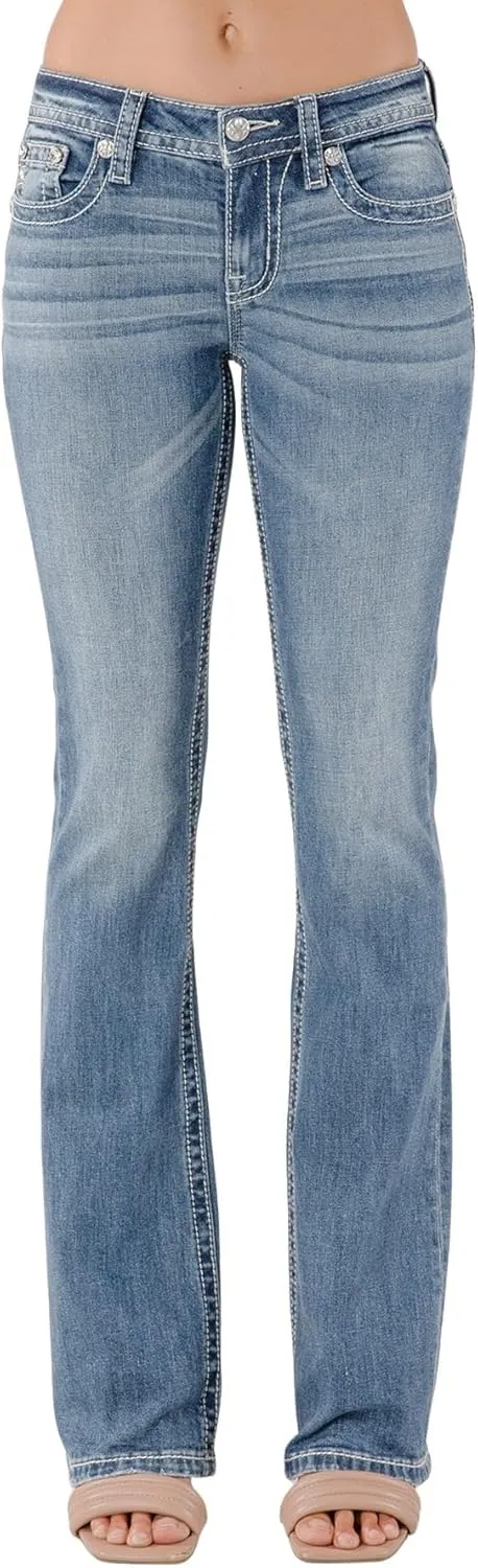 Miss Me Women's Silver Butterfly Embellished Faux Flap Pockets Mid-Rise Bootcut Jeans