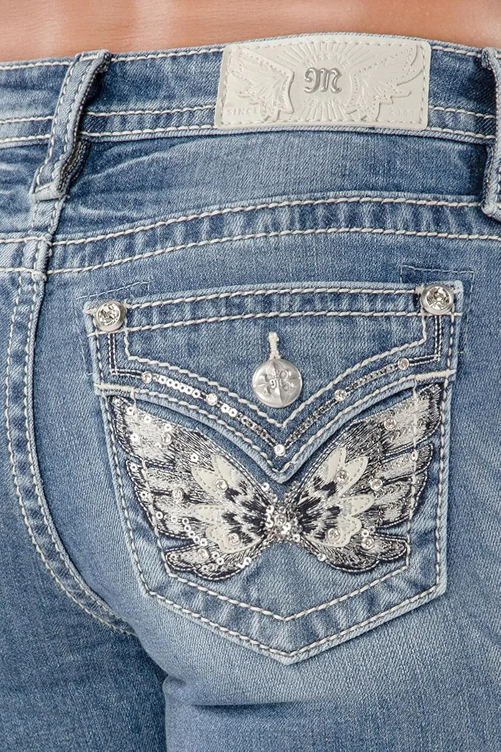 Miss Me Women's Silver Butterfly Embellished Faux Flap Pockets Mid-Rise Bootcut Jeans
