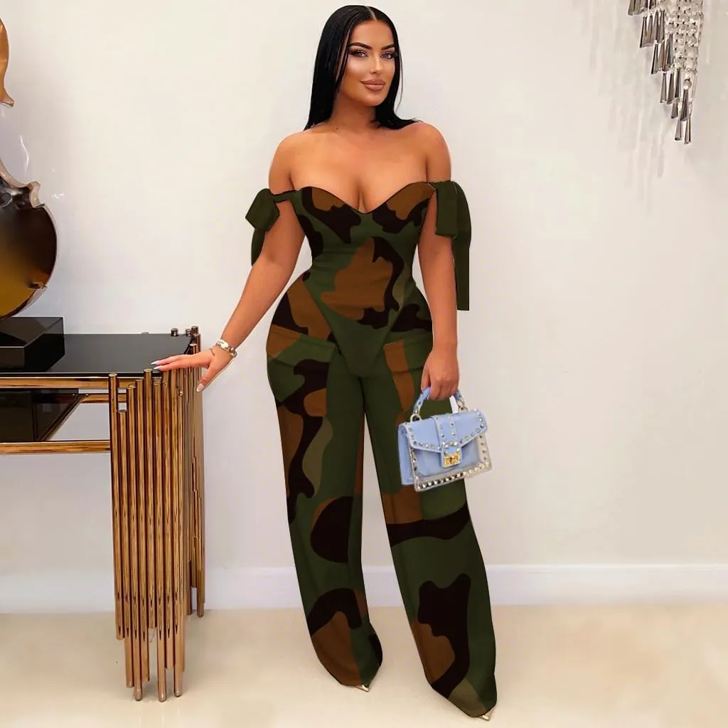 Molilove Sexy 2 Piece Sets for Women Pastel Print Sleeveless Croset Top and Wide Leg Pants with Multi-Pocketed Summer Outfits