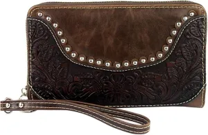 Montana West Ladies Wristlet Wallet 2-in-1 Western Tooled Genuine Leather Zippered Enclosure