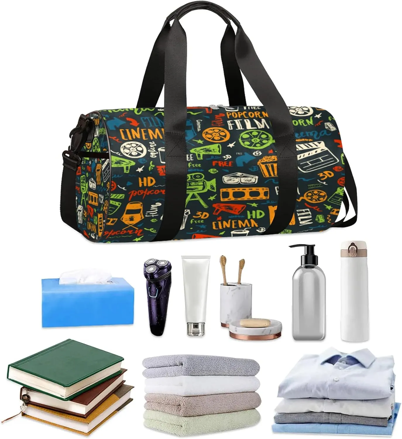 Movie Cinema Graffiti Sports Gym Bag for Men Women Lightweight Travel Duffle Bag with Shoulder Strap Waterproof Carry On Weekender Overnight Bag for Travel Sports Gym