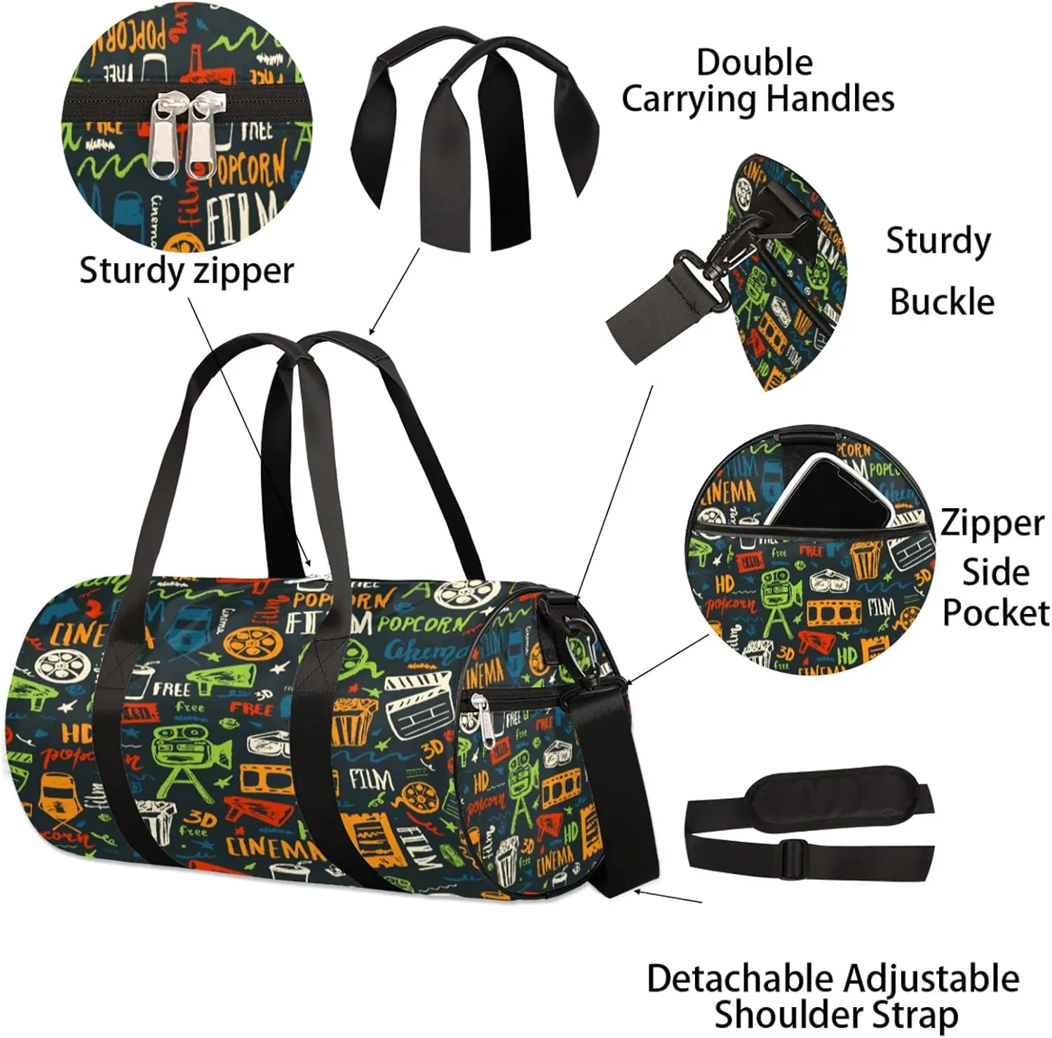Movie Cinema Graffiti Sports Gym Bag for Men Women Lightweight Travel Duffle Bag with Shoulder Strap Waterproof Carry On Weekender Overnight Bag for Travel Sports Gym