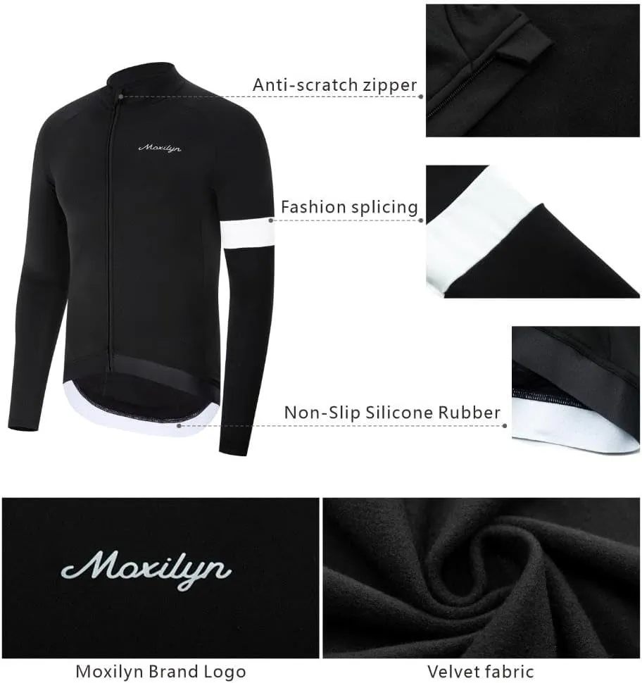 MOXILYN Winter Men's Cycling Jerseys Long Sleeve Thermal Fleece Cold Weather Cycling Jackets Warm Bike Tops Zipper Pocket