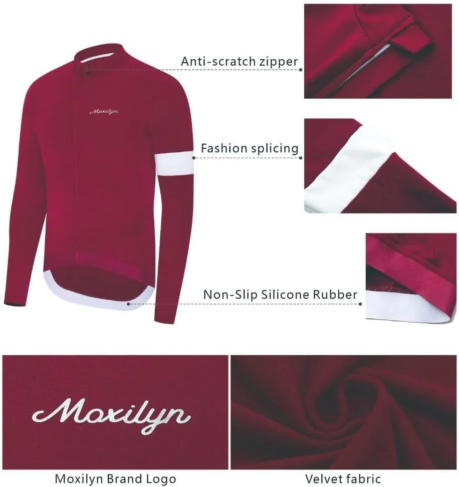 MOXILYN Winter Men's Cycling Jerseys Long Sleeve Thermal Fleece Cold Weather Cycling Jackets Warm Bike Tops Zipper Pocket