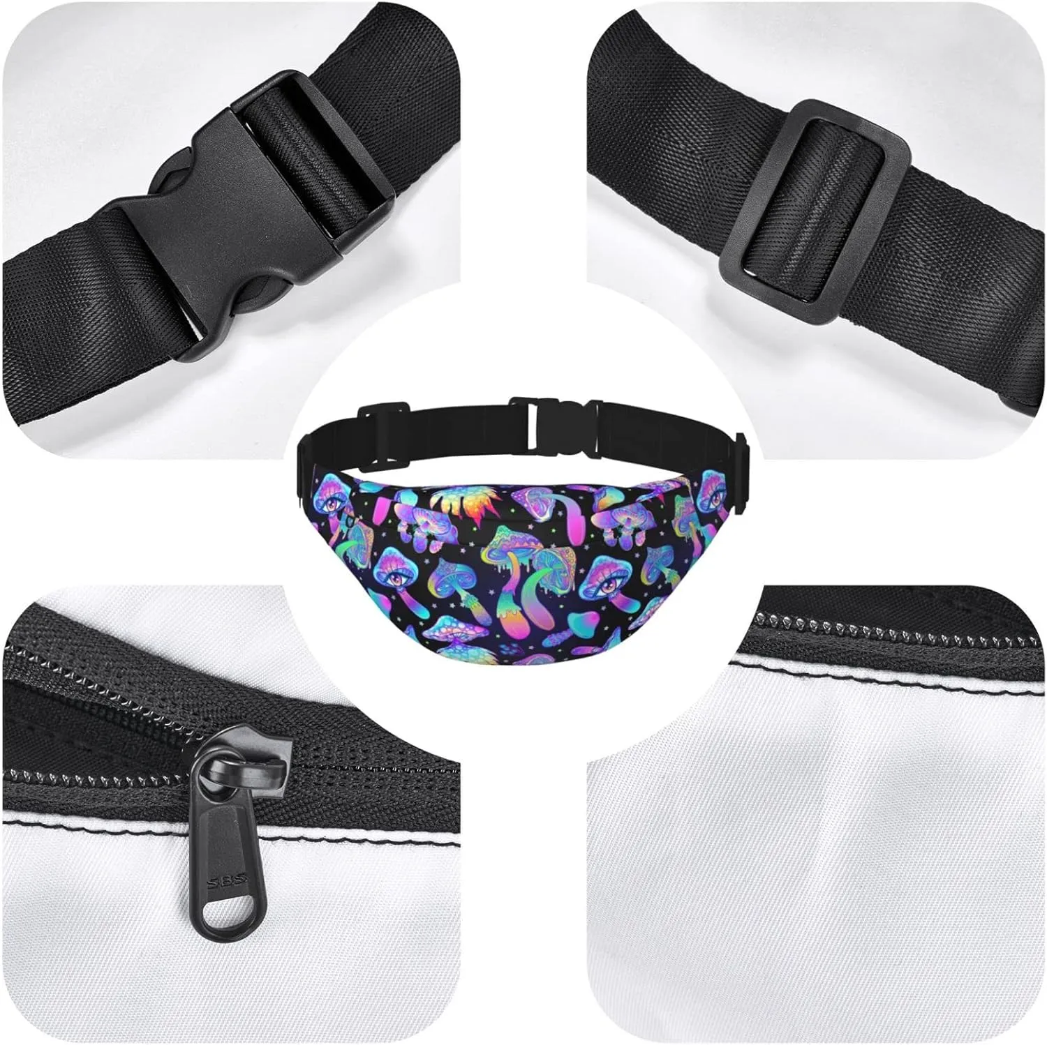 Mushroom Large Crossbody Fanny Pack Belt Bag With 3 Zipper Pockets, Gifts For Sports Festival Workout Traveling Running Casual Hands Free Waist Pack Wallets Phone Bag