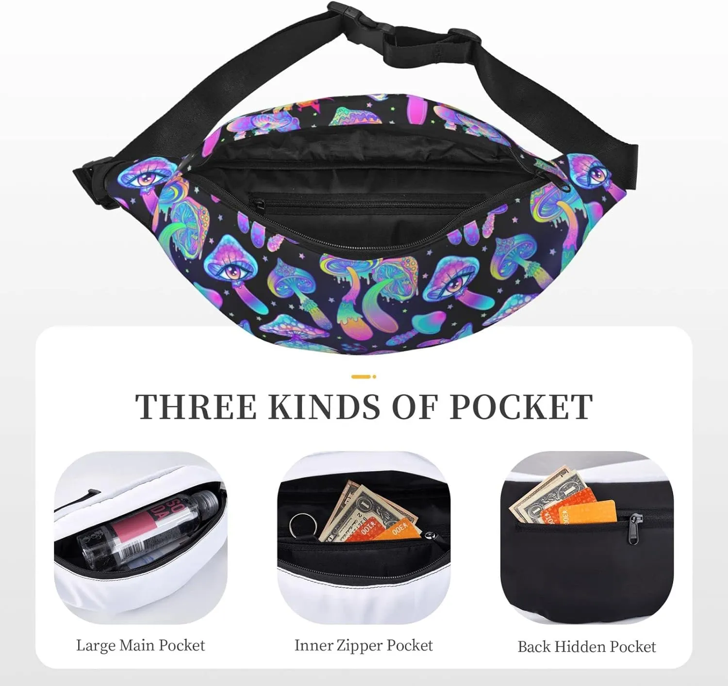 Mushroom Large Crossbody Fanny Pack Belt Bag With 3 Zipper Pockets, Gifts For Sports Festival Workout Traveling Running Casual Hands Free Waist Pack Wallets Phone Bag