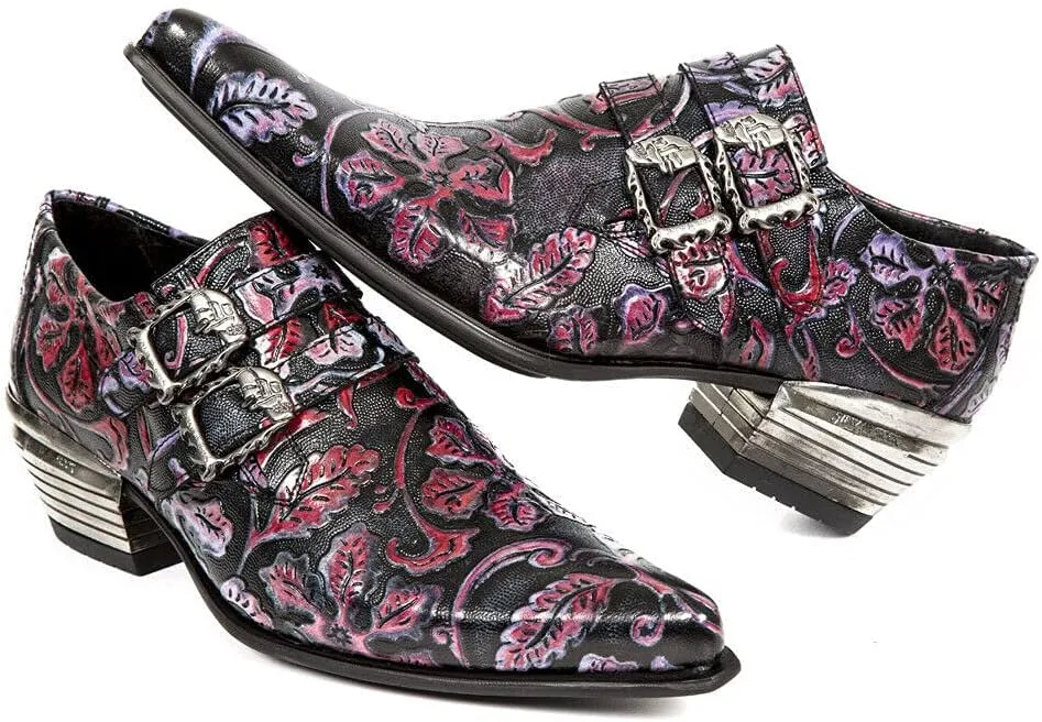 New Rock 7960 Mens Embossed Vintage Leather Buckle Steel Heel Shoes