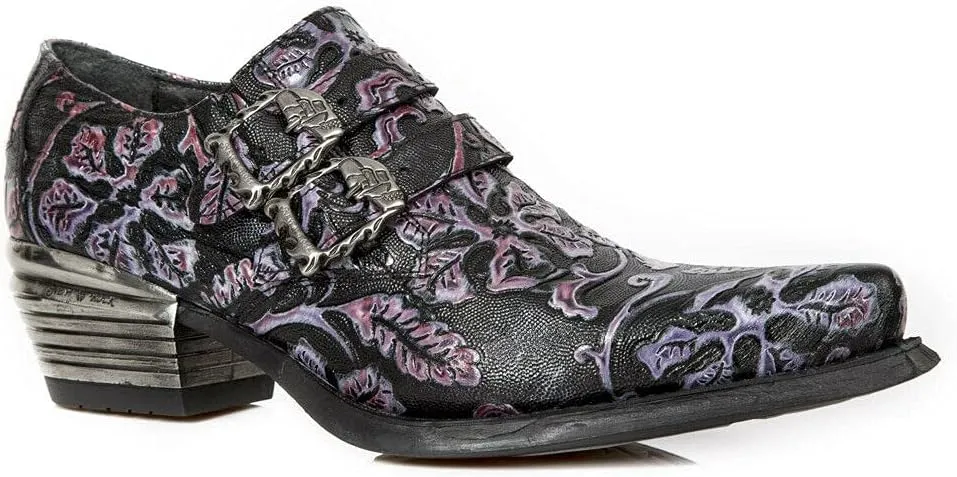 New Rock 7960 Mens Embossed Vintage Leather Buckle Steel Heel Shoes