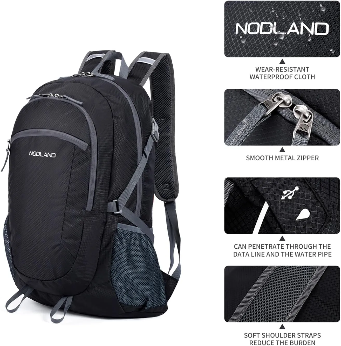 NODLAND Light Weight Packable Backpack for Travel Hiking 45L Foldable Water-Resistant Daypack Hydration Rucksack
