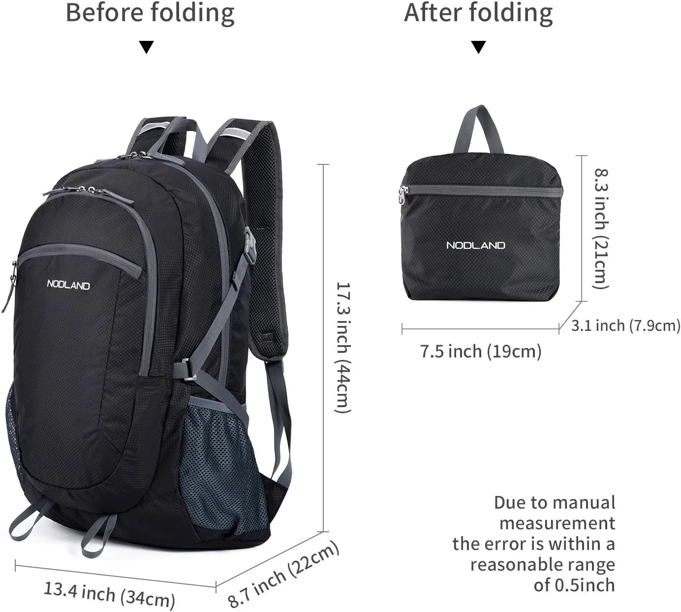 NODLAND Light Weight Packable Backpack for Travel Hiking 45L Foldable Water-Resistant Daypack Hydration Rucksack
