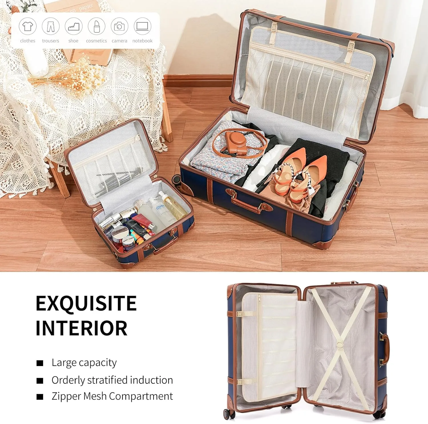 NZBZ Vintage Luggage Sets for Women, PU Leather Retro Suitcase, Vintage Trunk Luggage, Vintage Suitcase Set (Blue, 4-Piece-Set(14/20/24/28))