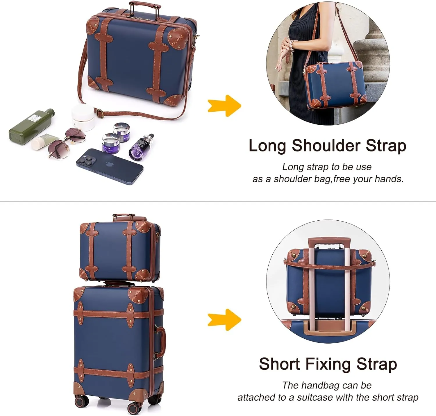 NZBZ Vintage Luggage Sets for Women, PU Leather Retro Suitcase, Vintage Trunk Luggage, Vintage Suitcase Set (Blue, 4-Piece-Set(14/20/24/28))