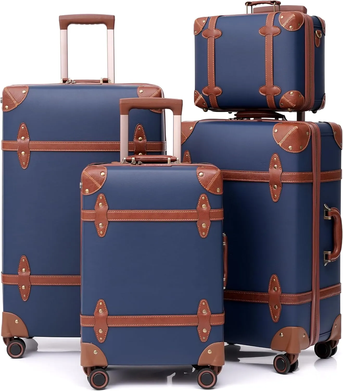 NZBZ Vintage Luggage Sets for Women, PU Leather Retro Suitcase, Vintage Trunk Luggage, Vintage Suitcase Set (Blue, 4-Piece-Set(14/20/24/28))