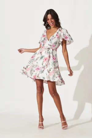 Ocean Avenue Dress In White With Tropical Floral Print Linen Blend