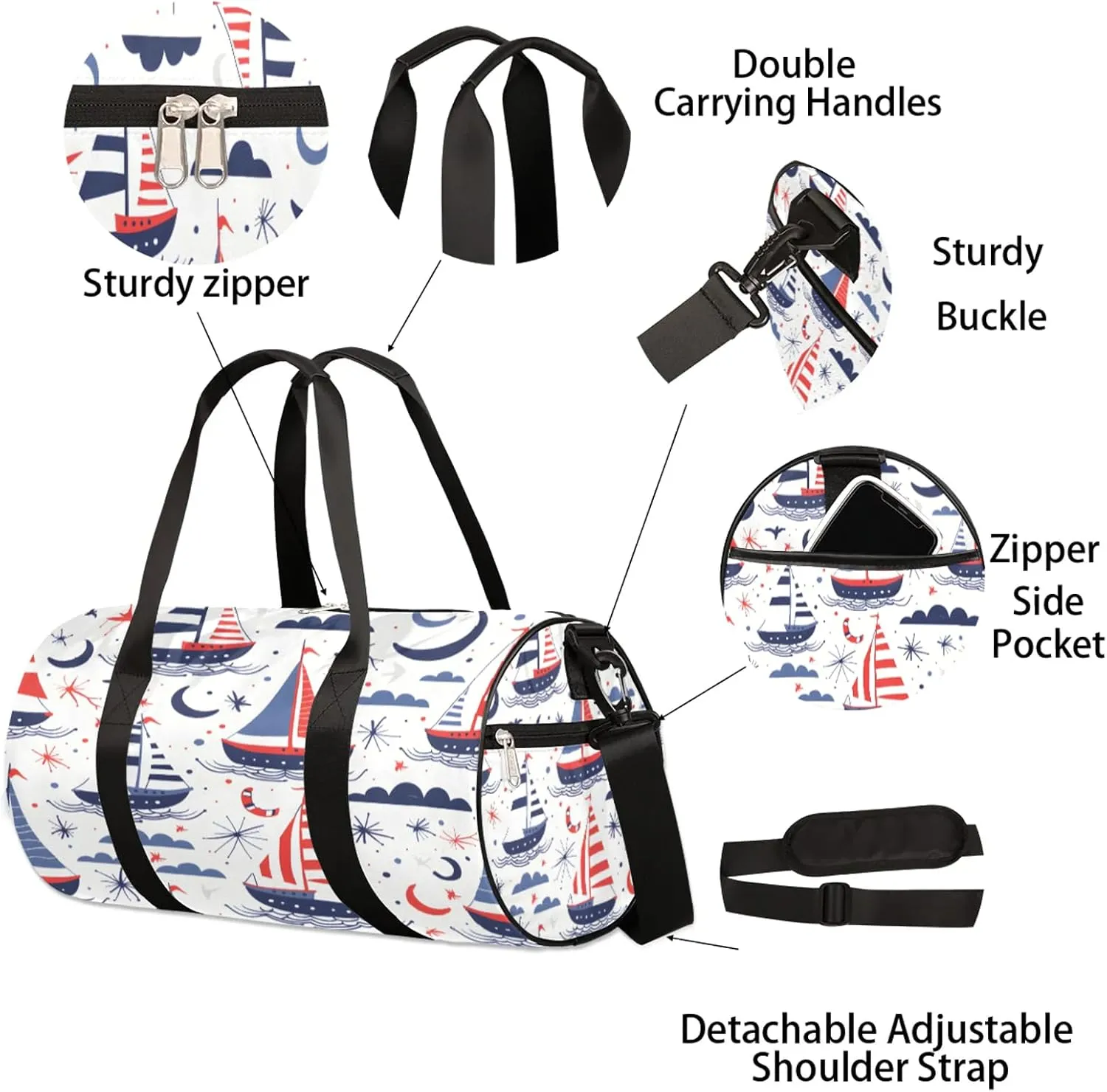 Ocean Sailboat Print Sports Gym Bag for Men Women Lightweight Travel Duffle Bag with Shoulder Strap Waterproof Carry On Weekender Overnight Bag for Travel Sports Gym