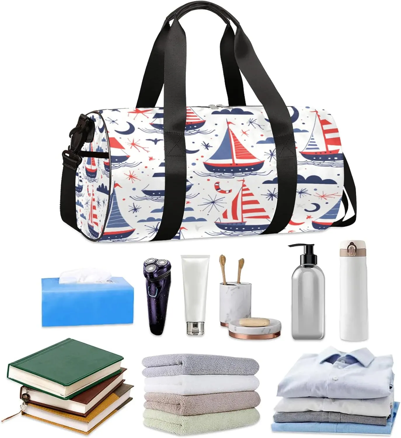 Ocean Sailboat Print Sports Gym Bag for Men Women Lightweight Travel Duffle Bag with Shoulder Strap Waterproof Carry On Weekender Overnight Bag for Travel Sports Gym