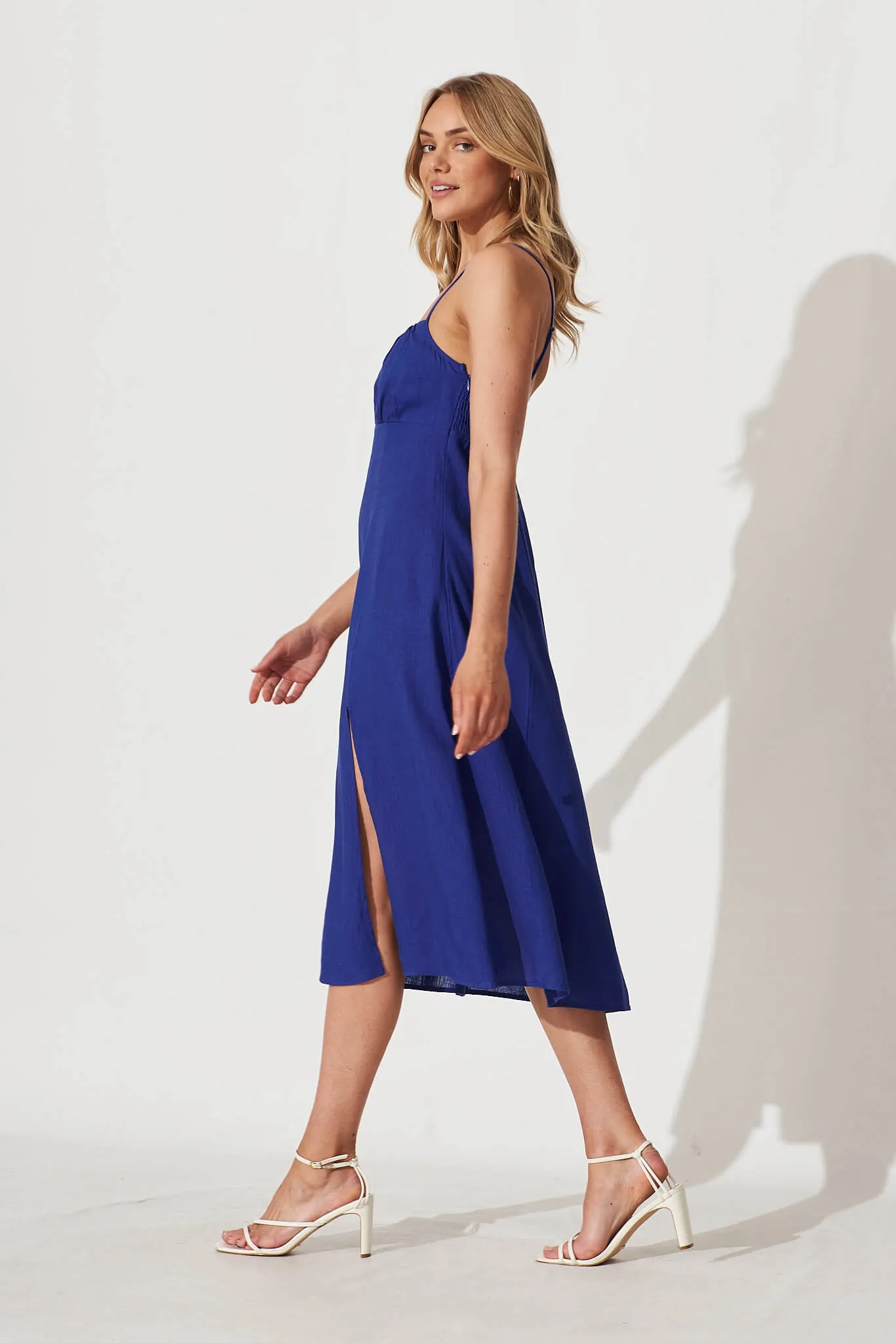 Oceanic Midi Sundress In Cobalt Linen Blend