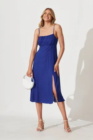 Oceanic Midi Sundress In Cobalt Linen Blend
