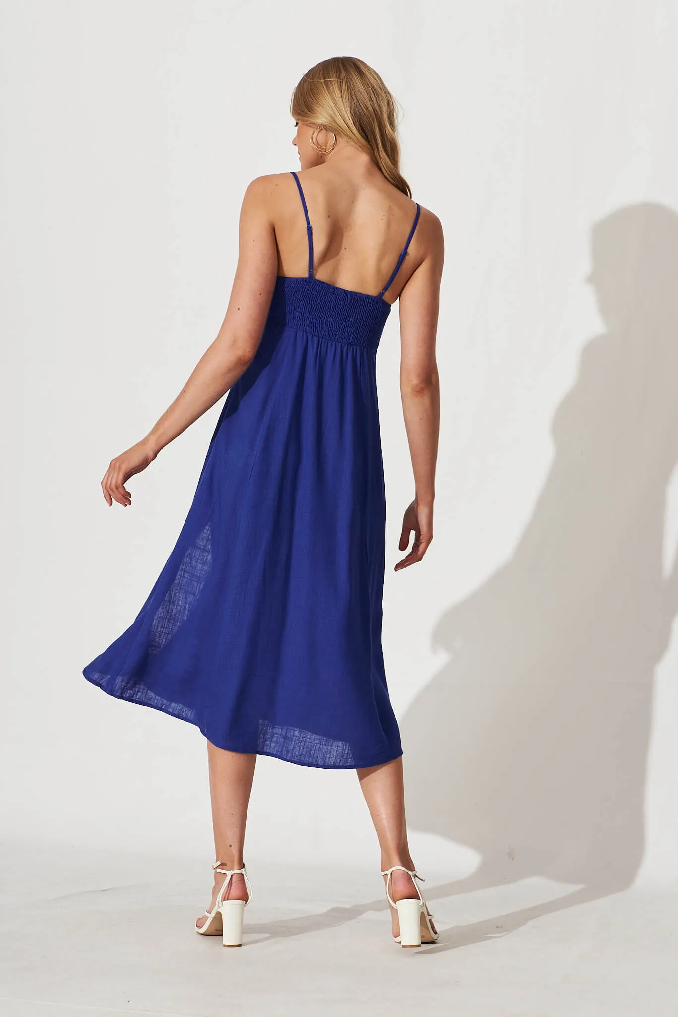 Oceanic Midi Sundress In Cobalt Linen Blend