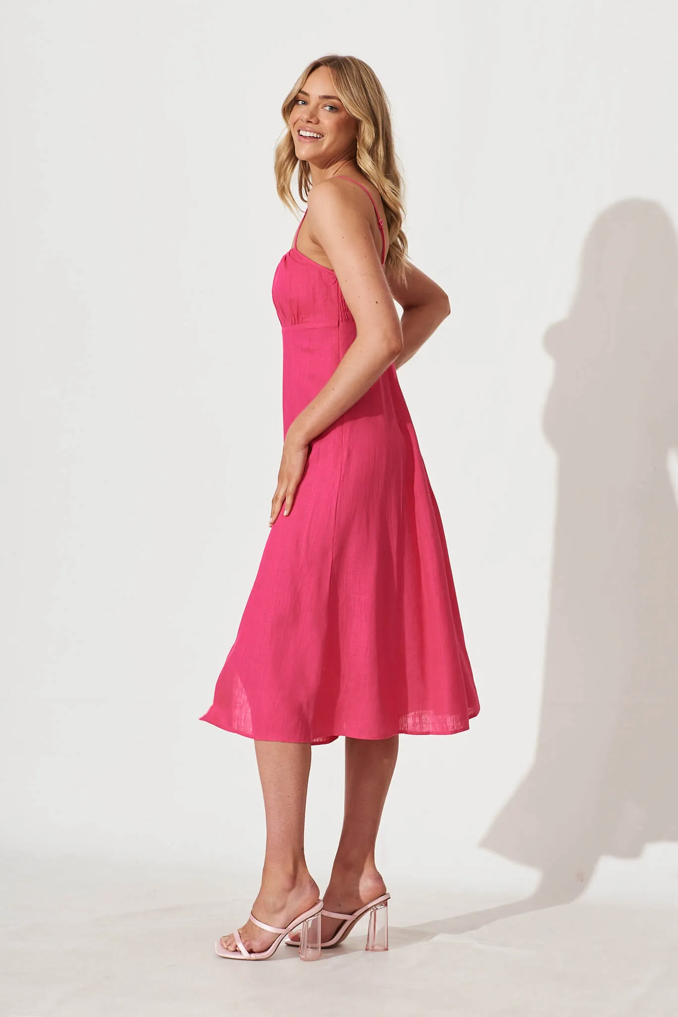 Oceanic Midi Sundress In Fuchsia Linen Blend