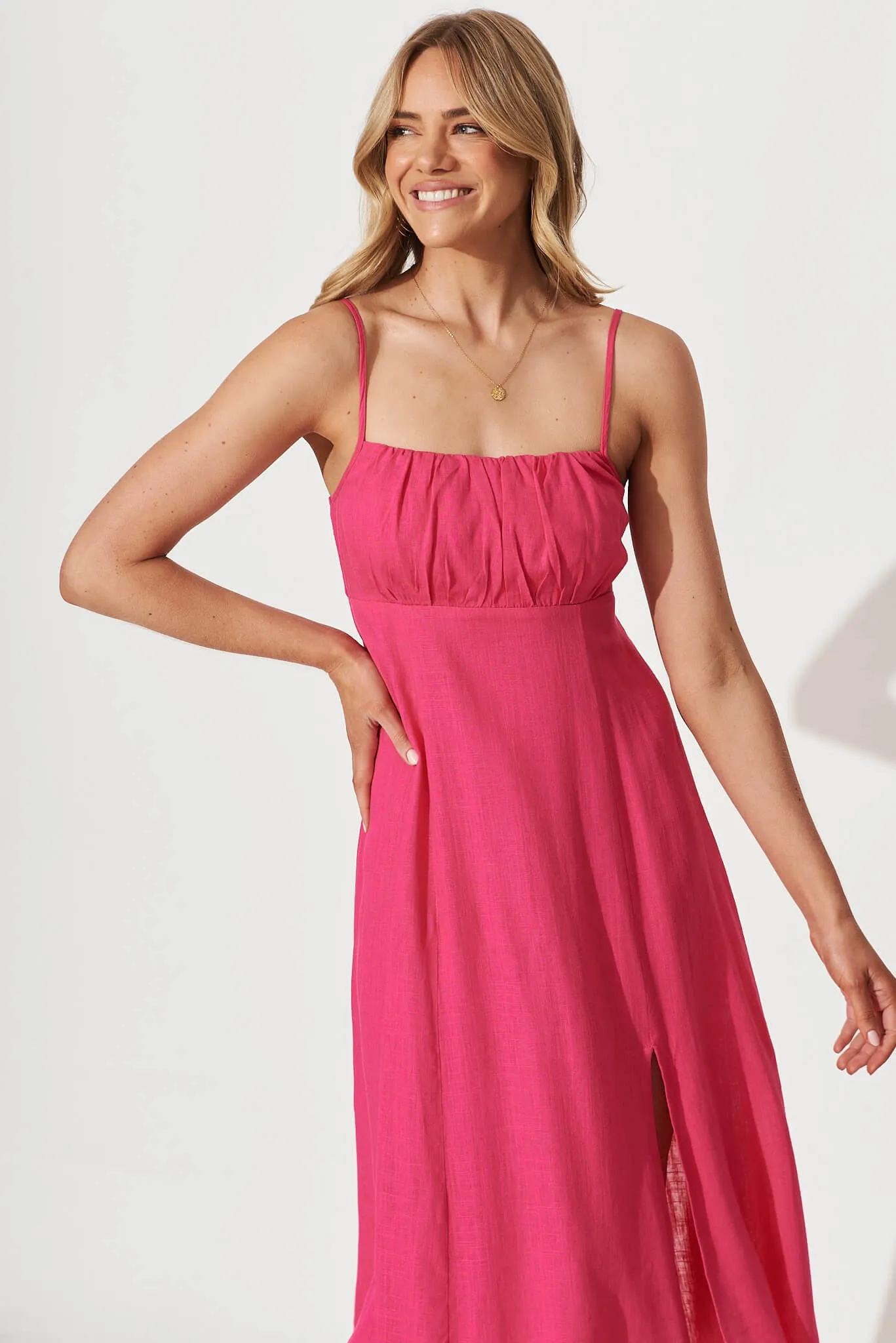 Oceanic Midi Sundress In Fuchsia Linen Blend