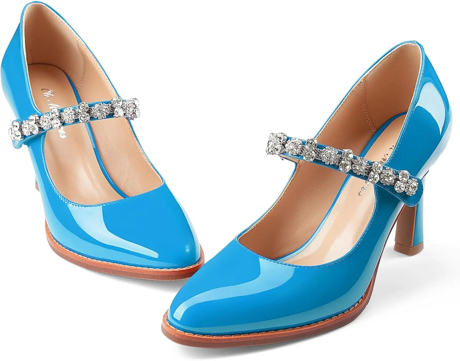 Oh Mispares Pointed Toe Heels for Women Mary Jane Stiletto Pumps Patent Leather Rhinestone Strap 3.5 Inch Dress Shoes for Wedding Party Prom