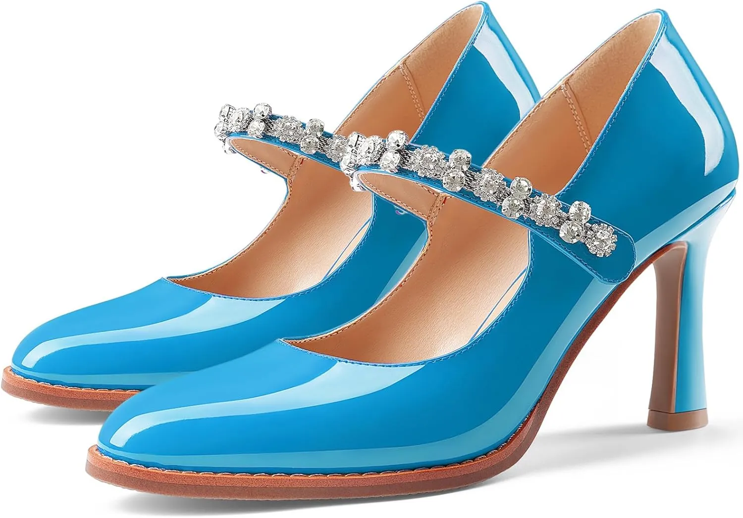 Oh Mispares Pointed Toe Heels for Women Mary Jane Stiletto Pumps Patent Leather Rhinestone Strap 3.5 Inch Dress Shoes for Wedding Party Prom