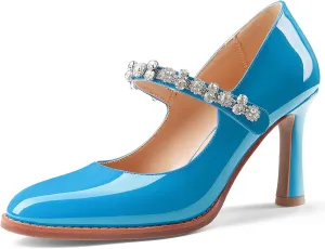 Oh Mispares Pointed Toe Heels for Women Mary Jane Stiletto Pumps Patent Leather Rhinestone Strap 3.5 Inch Dress Shoes for Wedding Party Prom