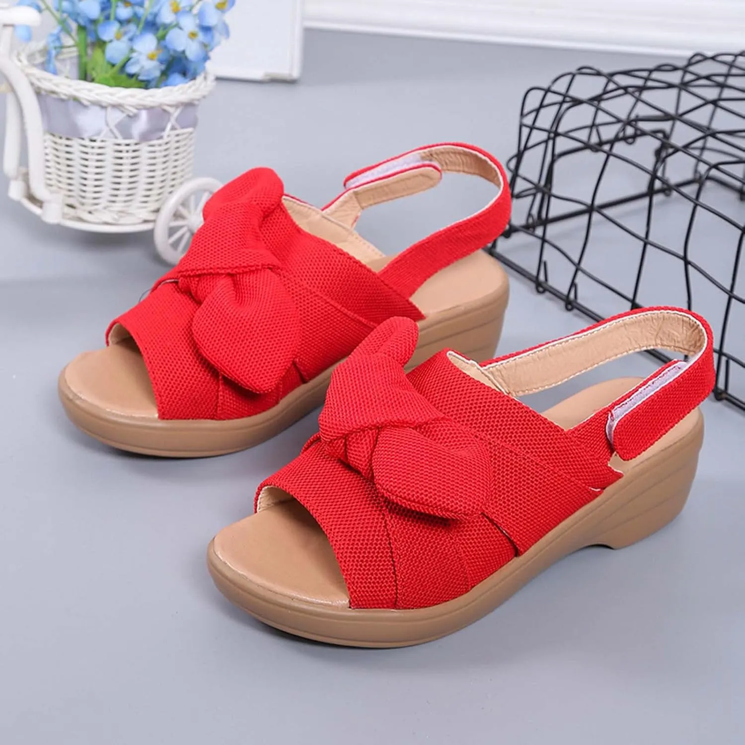 oiangi Bow Platform Sandals for Women Casual Summer Fish Mouth Open Toe Slingback Slipper Solid Comfortable Hook-and-Loop Beach Shoes Sandalias