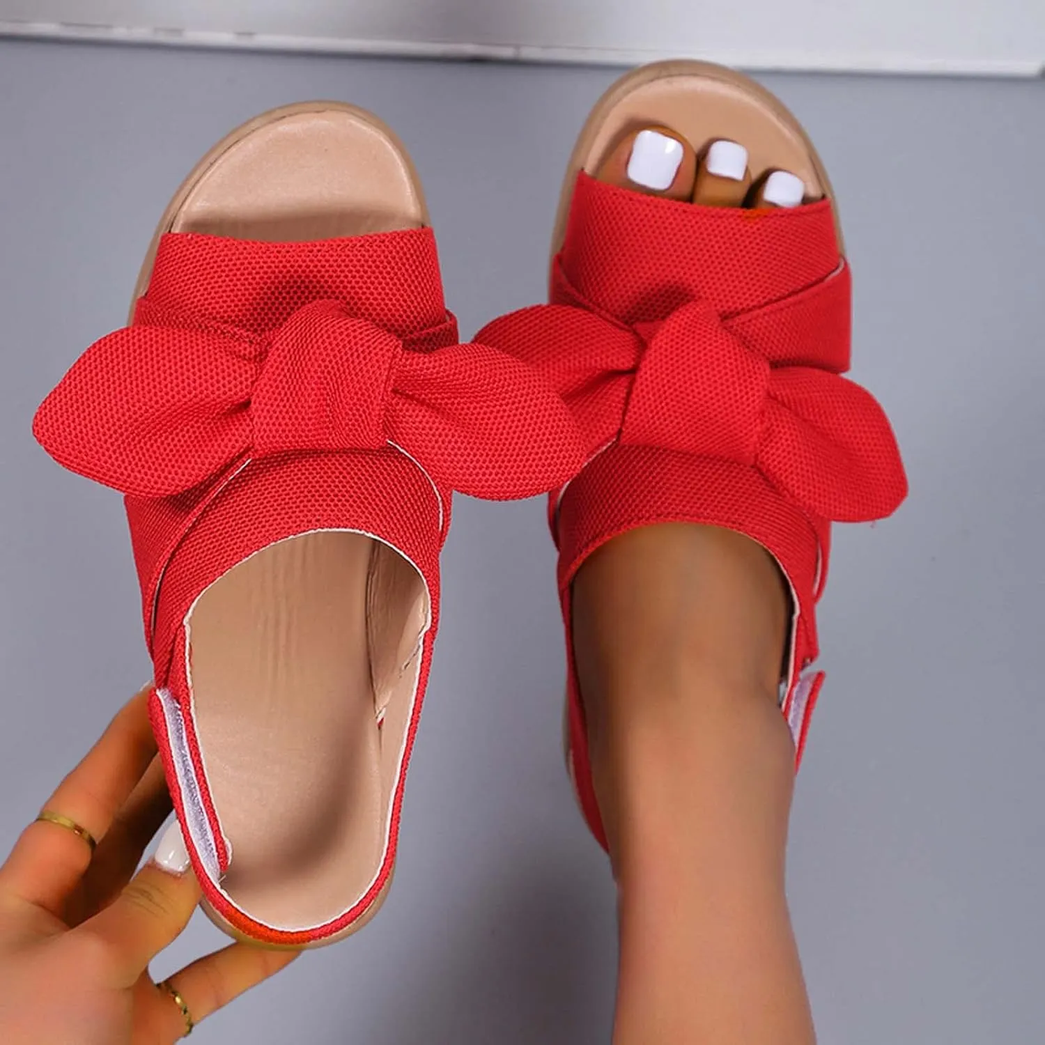 oiangi Bow Platform Sandals for Women Casual Summer Fish Mouth Open Toe Slingback Slipper Solid Comfortable Hook-and-Loop Beach Shoes Sandalias