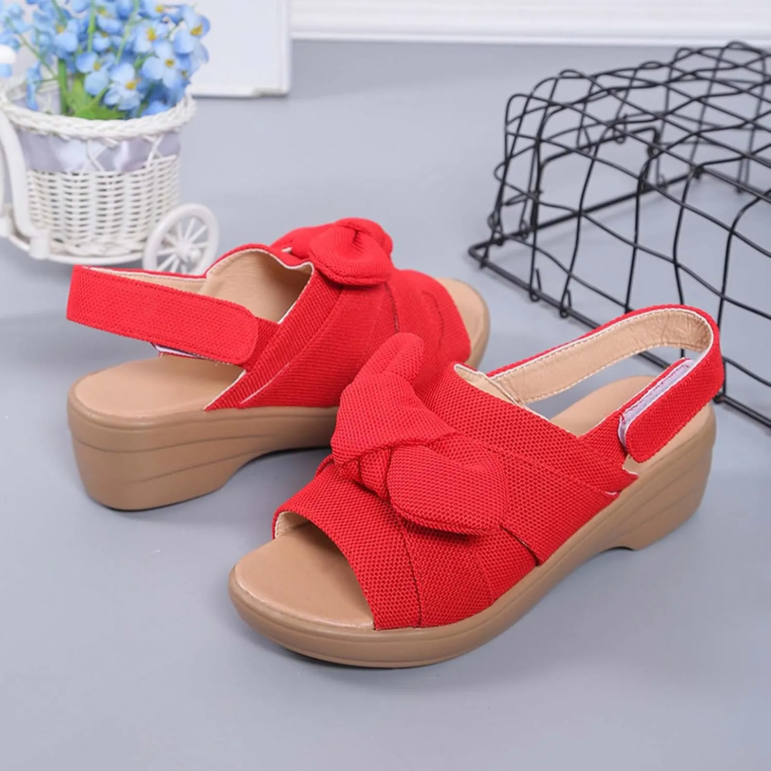 oiangi Bow Platform Sandals for Women Casual Summer Fish Mouth Open Toe Slingback Slipper Solid Comfortable Hook-and-Loop Beach Shoes Sandalias