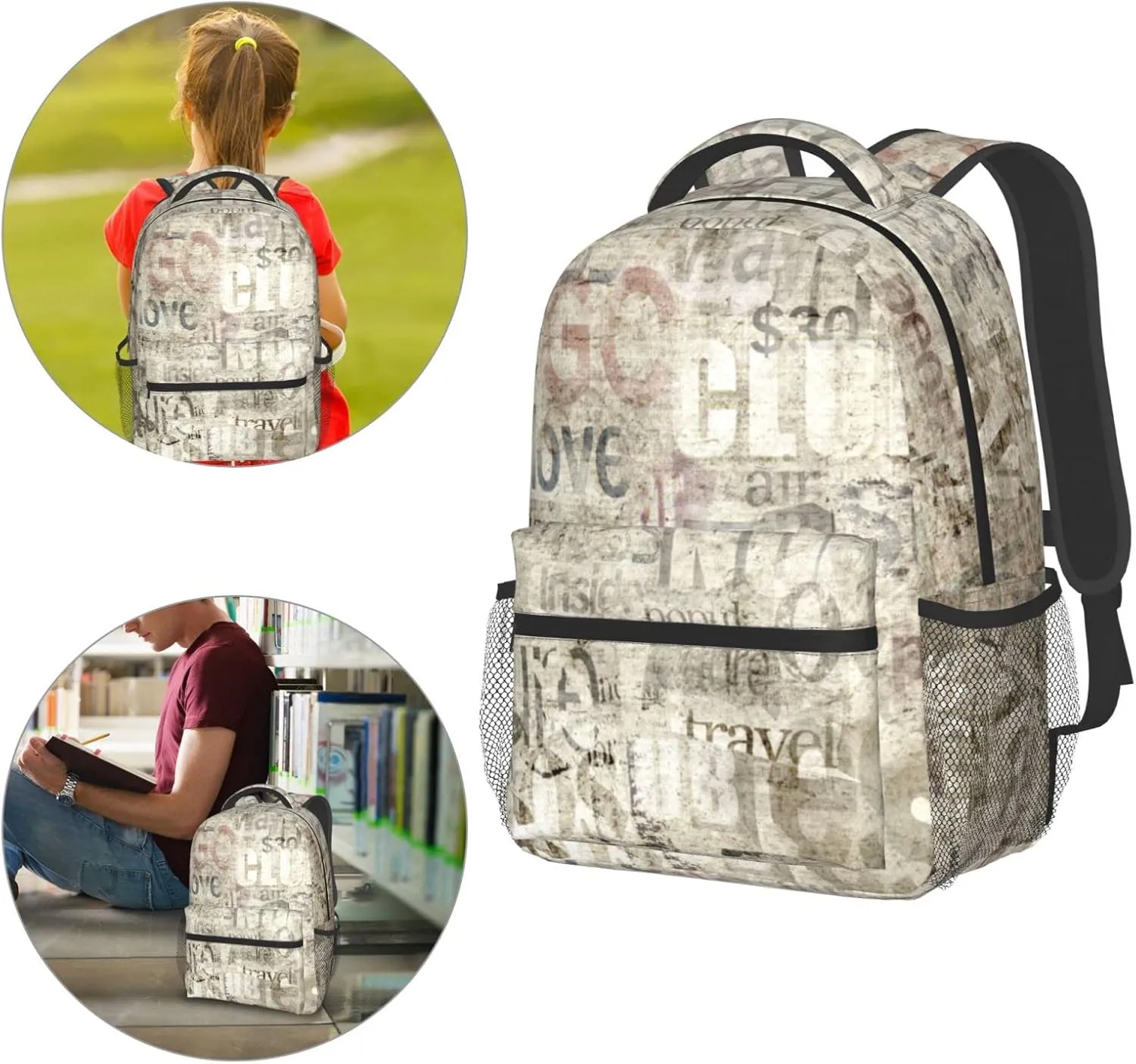 Old Vintage Newspaper Backpack For College School Large Laptop Bag Shoulder Bags Student Bookbag 17 Inch