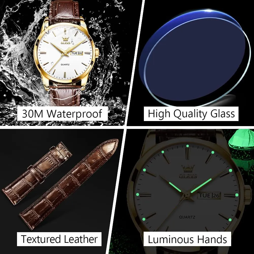 OLEVS Men's Simple Watch with Day and Date, Stainless Steel Analog Quartz Watches for Men, Classic Luminous Hands Men's Dress Watches, Black/White/Blue Dial