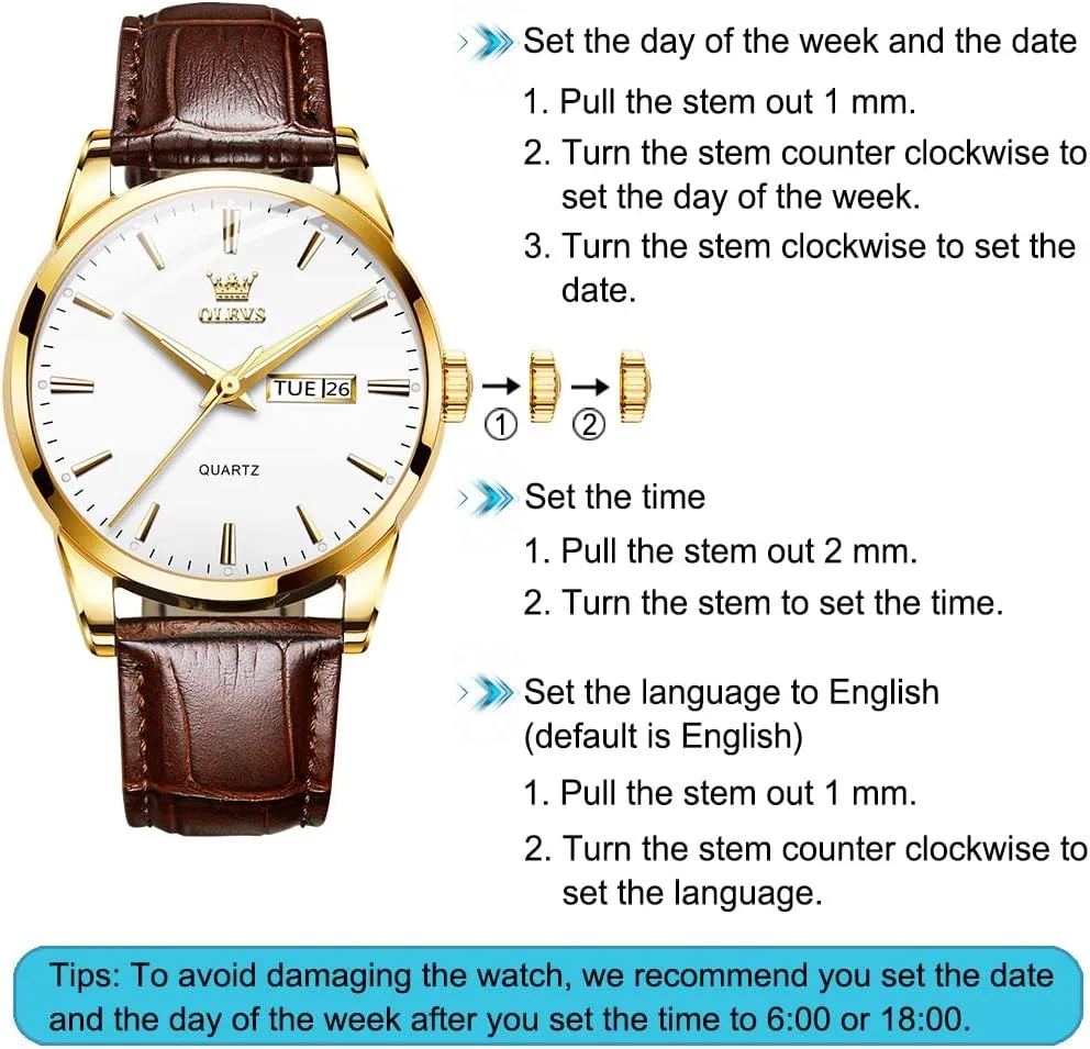 OLEVS Men's Simple Watch with Day and Date, Stainless Steel Analog Quartz Watches for Men, Classic Luminous Hands Men's Dress Watches, Black/White/Blue Dial