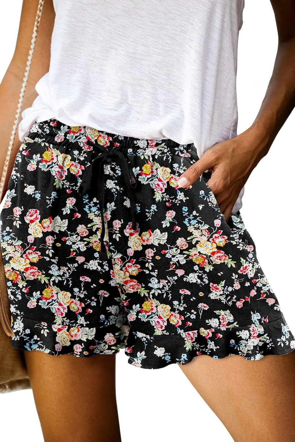 ONLYSHE Womens Casual Shorts Drawstring Elastic Waist Ruffle Hem Summer Shorts Comfy Pocketed Pants
