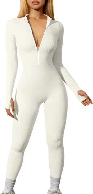 OQQ Women Yoga Jumpsuits Workout Ribbed Long Sleeve Zip Front Sport Jumpsuits