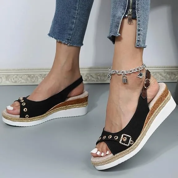 Orthopedic Platform Wedge Sandals for Women,Lady's Walking Shoes with Arch Support Bowknot Summer Beach Open Toe Sling Back Ankle Strappy Wedges Heels Comfortable Casual Dressy Sandals