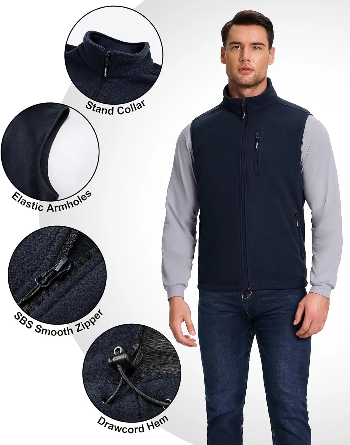 Outdoor Ventures Men's Full-Zip Lightweight Polar Fleece Vest Outerwear with 5 Pockets Warm Winter Sleeveless Jacket Casual