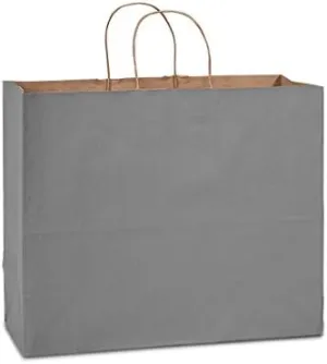 Pack Of 25, Charcoal Gray Recycled Kraft Paper Shopping Bags W/Serrated Edge Tops & Sturdy Paper Twisted Handles - Vogue 16 X 6 X 12" Made In USA
