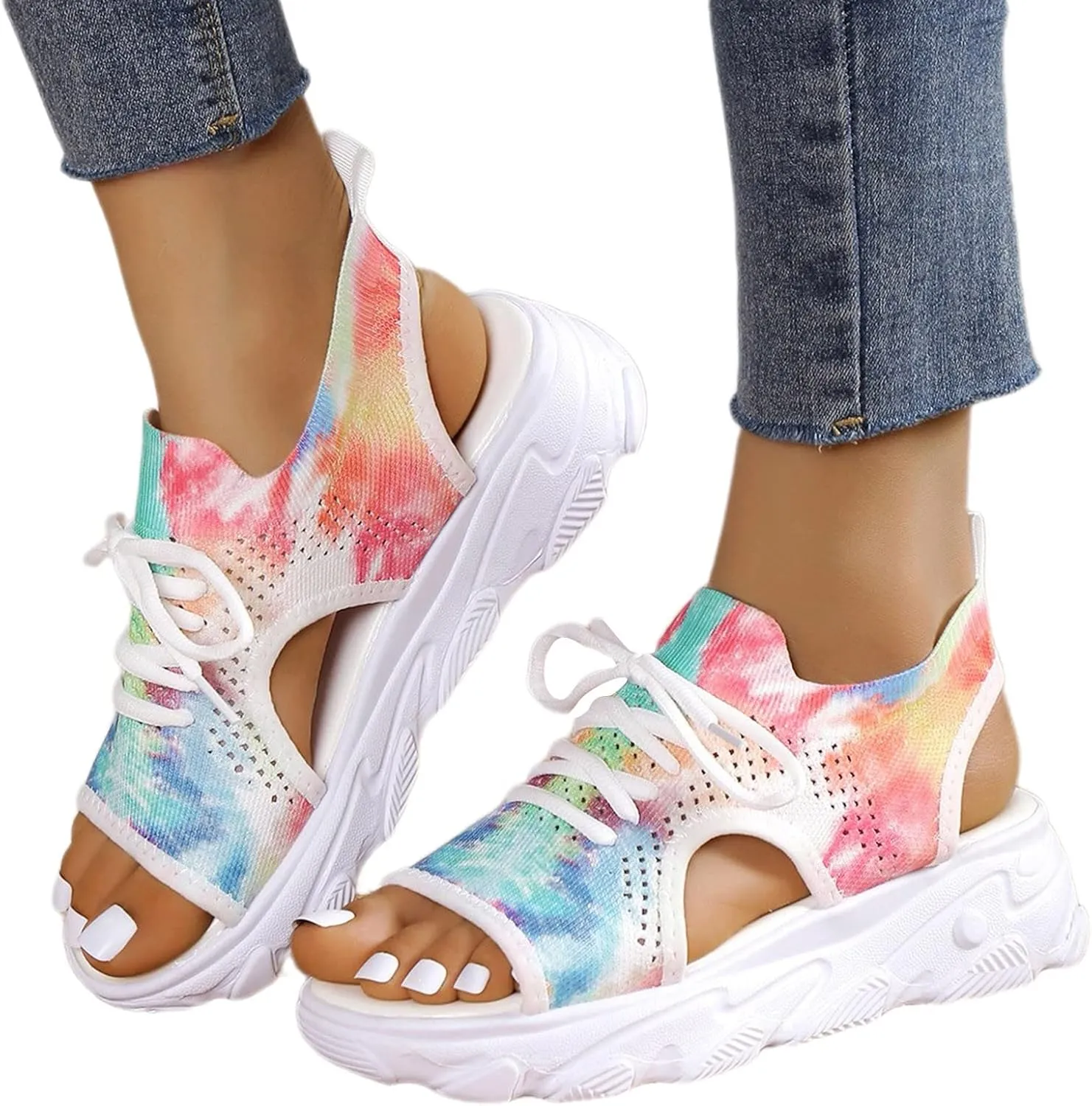 Paneled Cutout Lace-Up Muffin Sandals for Women Summer Peep Toe Platform Sandals Mesh Wedges Causal Comfy Sports Sandals