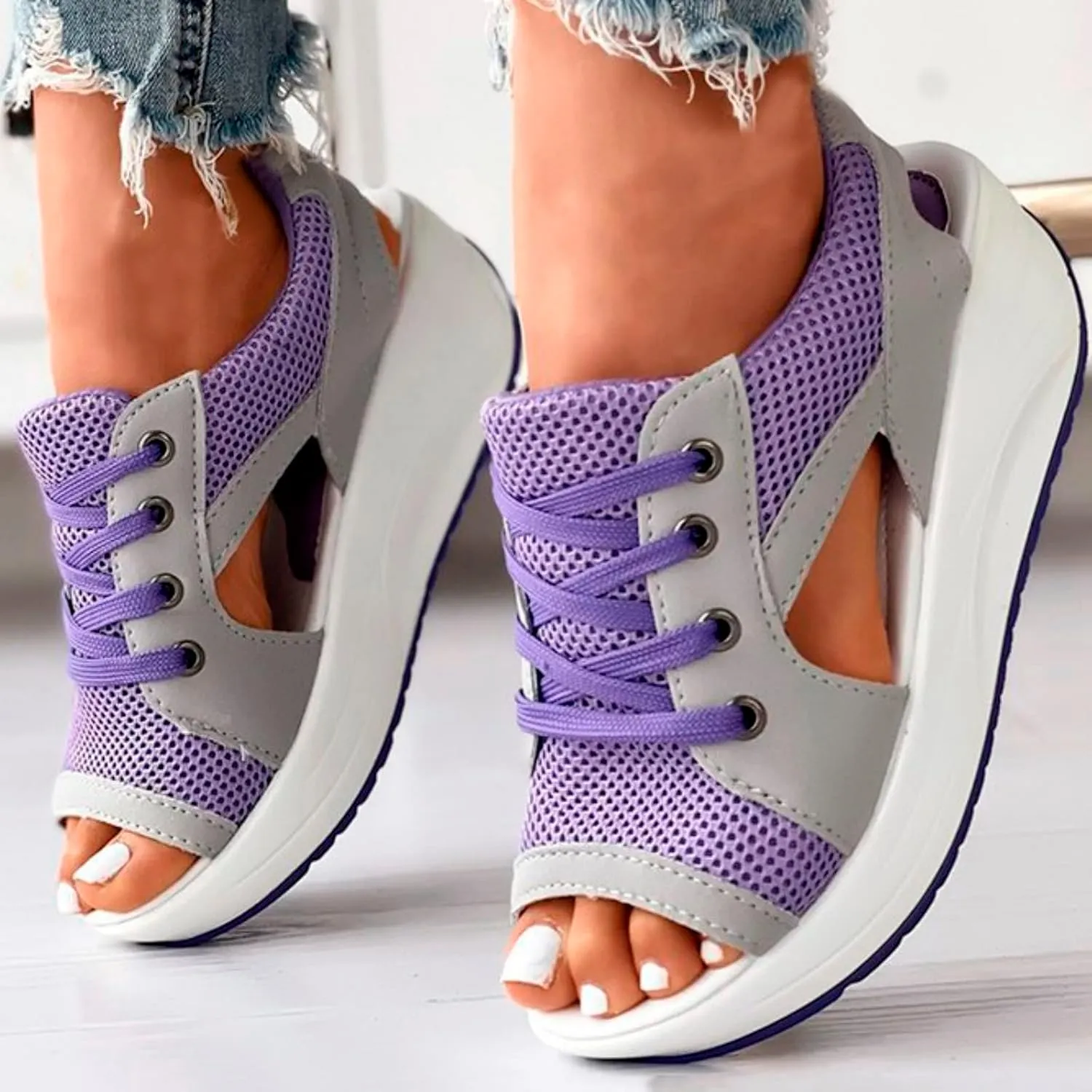 Paneled Cutout Lace-Up Muffin Sandals for Women Summer Peep Toe Platform Sandals Mesh Wedges Causal Comfy Sports Sandals