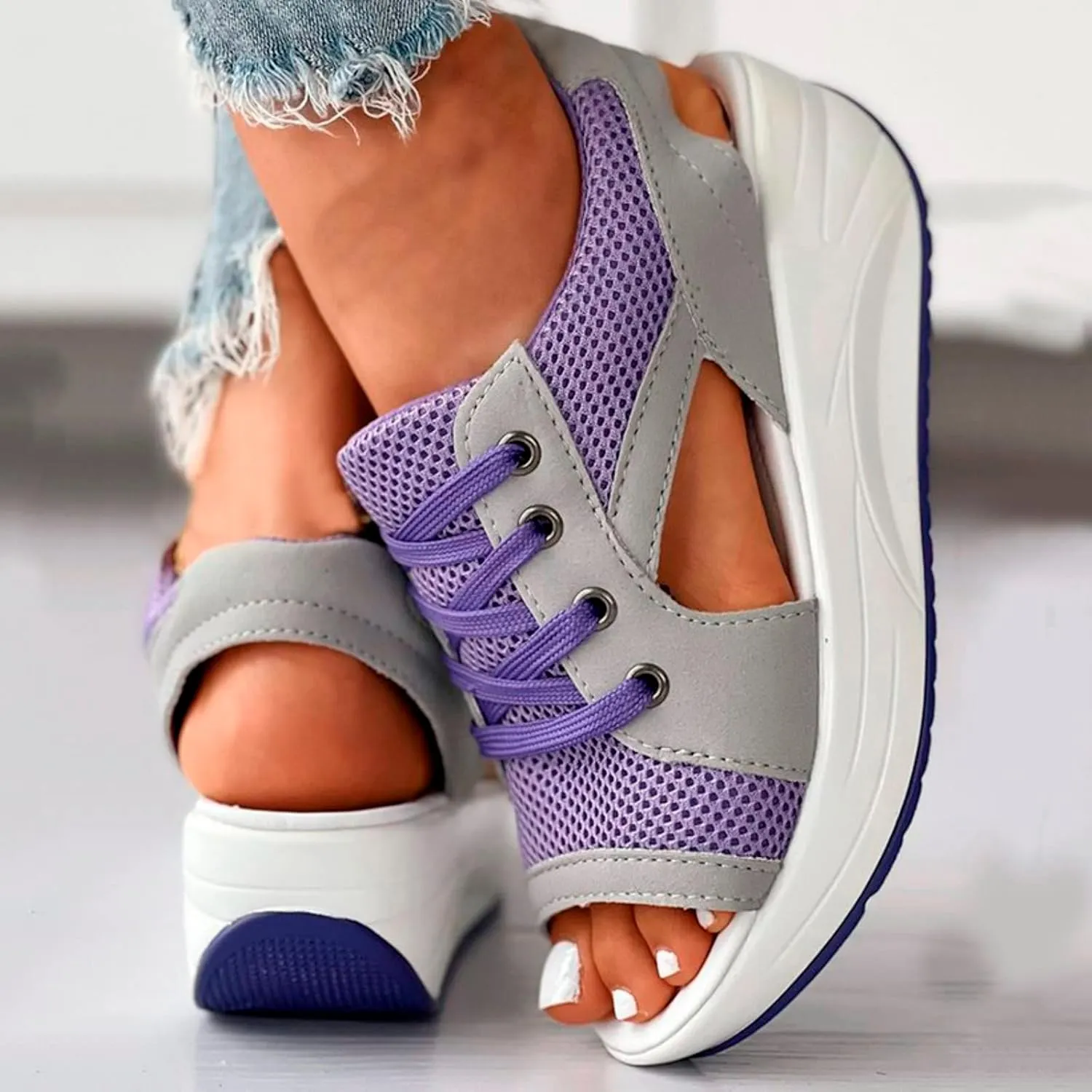 Paneled Cutout Lace-Up Muffin Sandals for Women Summer Peep Toe Platform Sandals Mesh Wedges Causal Comfy Sports Sandals