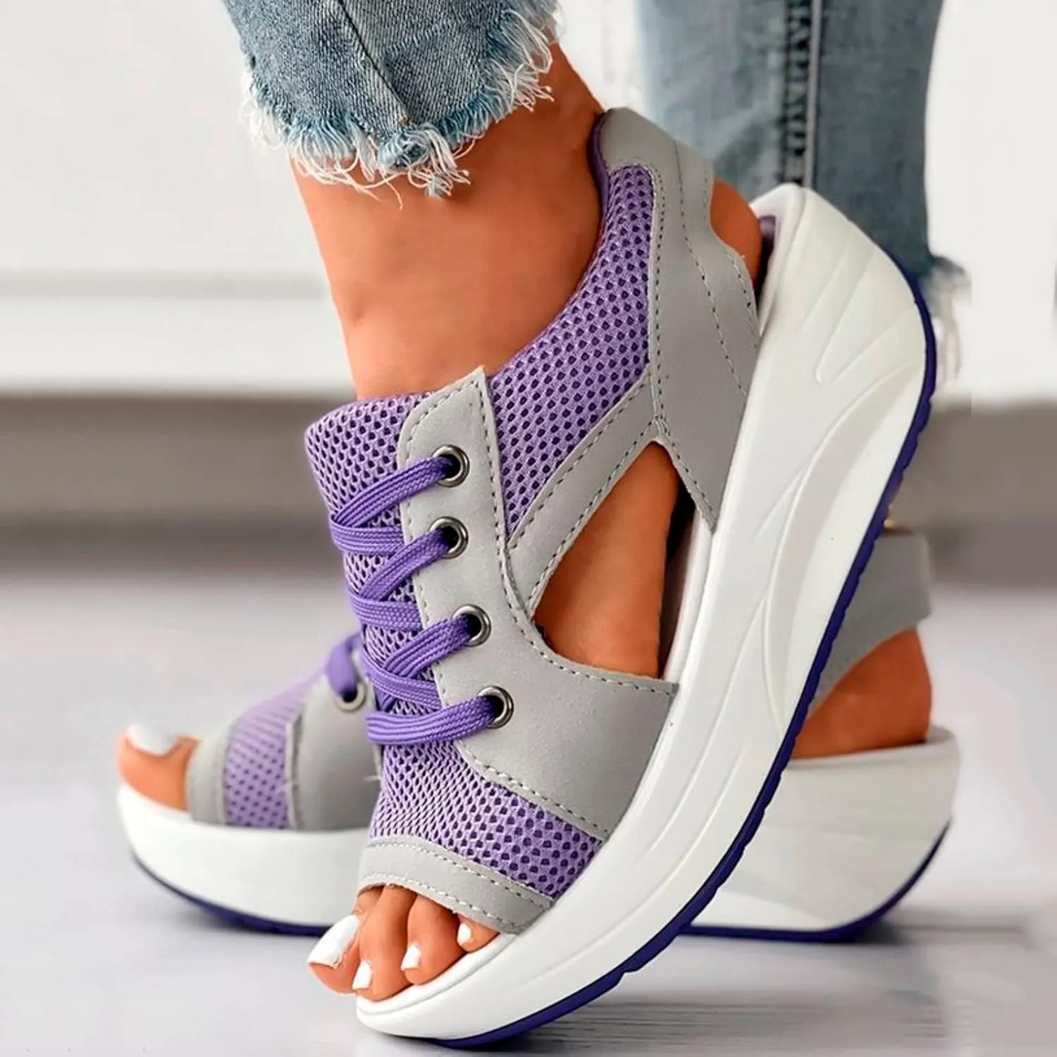 Paneled Cutout Lace-Up Muffin Sandals for Women Summer Peep Toe Platform Sandals Mesh Wedges Causal Comfy Sports Sandals